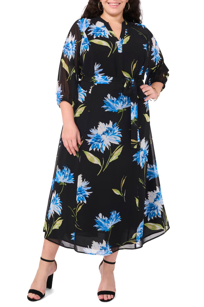 Floral Puff Sleeve Maxi Dress, Alternate, color, RICH BLACK