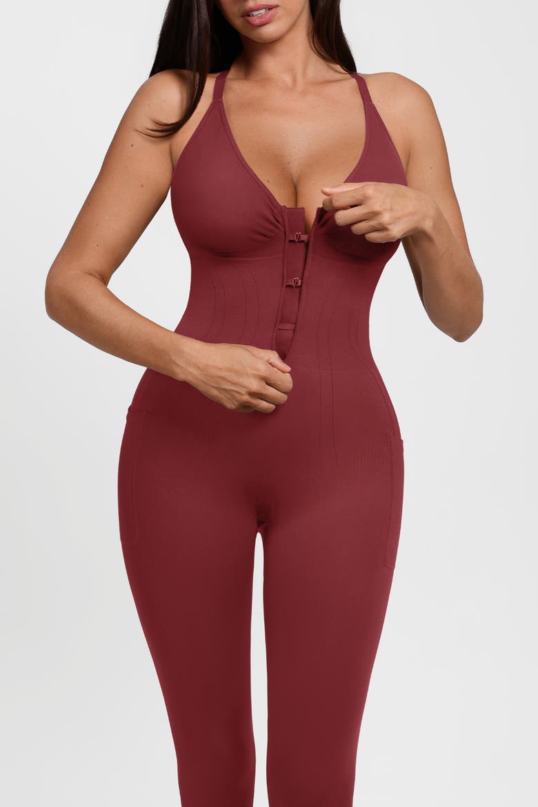 Shapewear Zip Front Deep V Adjustable Strap Jumpsuit, Alternate, color, Brick Red