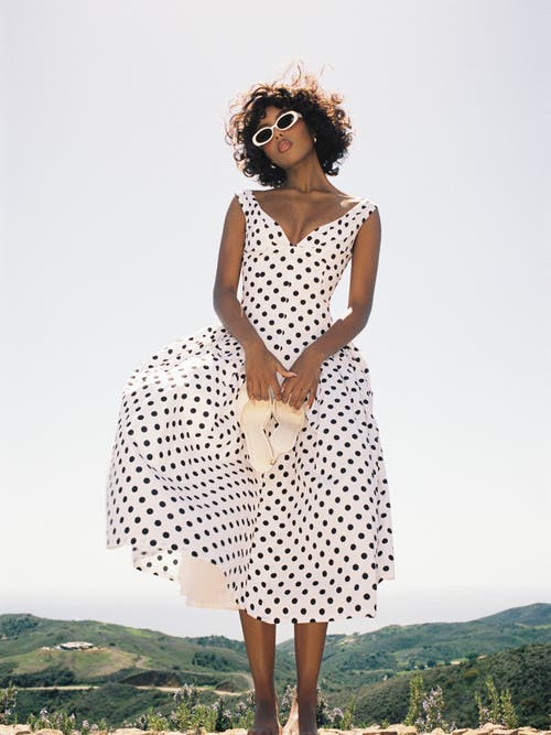 Miss Circle Rahma Polka Dot Drop Waist Midi Cotton Poplin Dress
