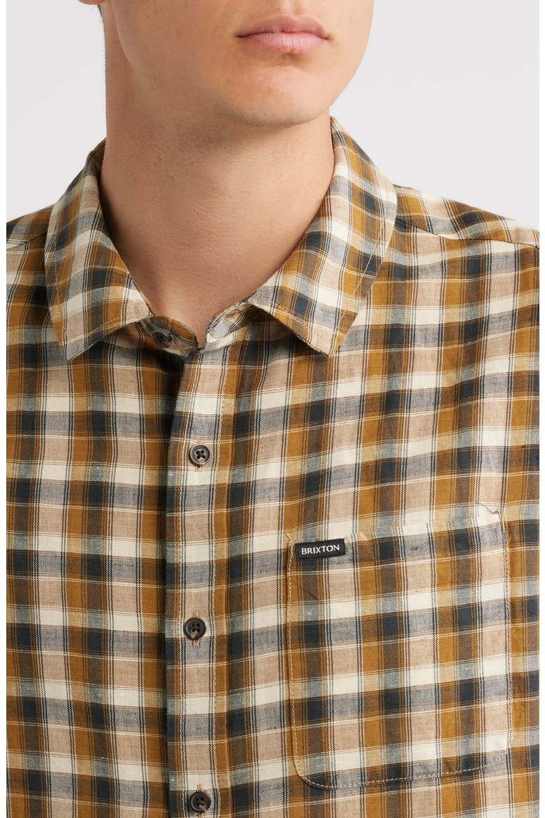 Cru Plaid Linen Blend Short Sleeve Shirt, Alternate, color, BLACK/ TOBACCO PLAID