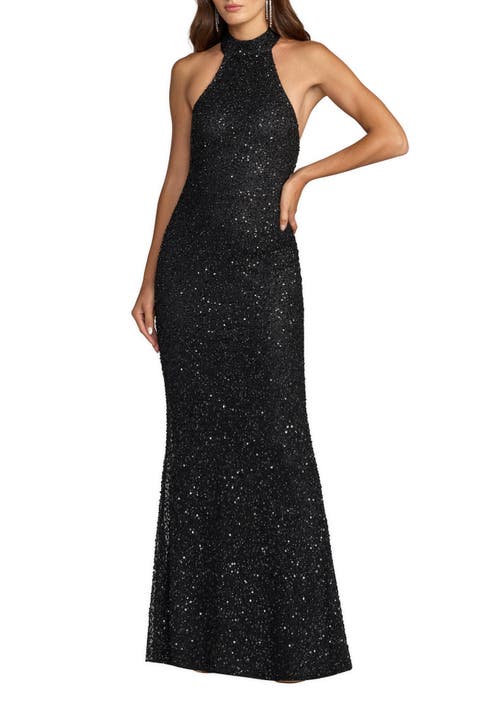 Halter Neck Open Back Beaded Column Gown