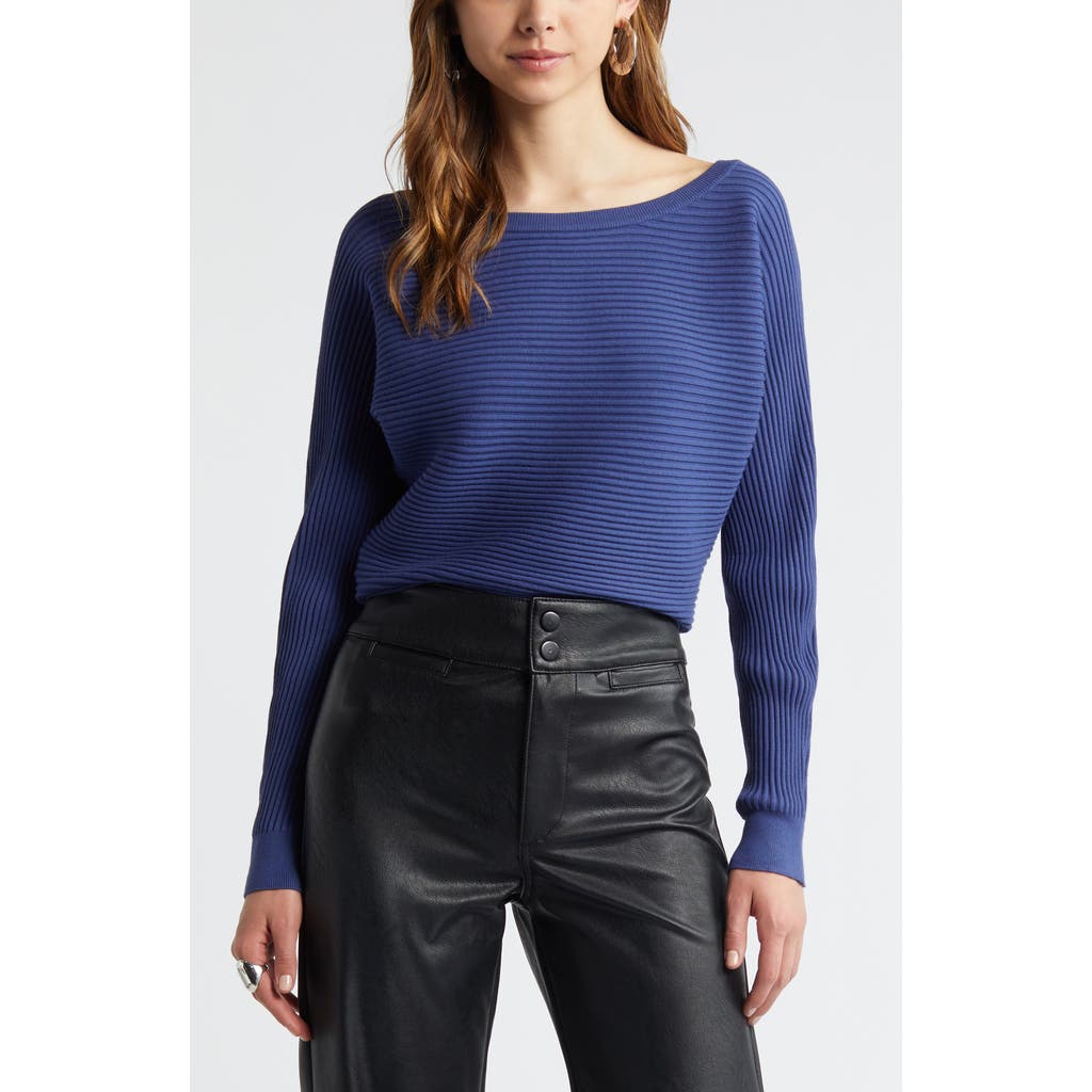 Open Edit Luxe Sculpt Rib Dolman Sleeve Sweater In Blue Cobalt