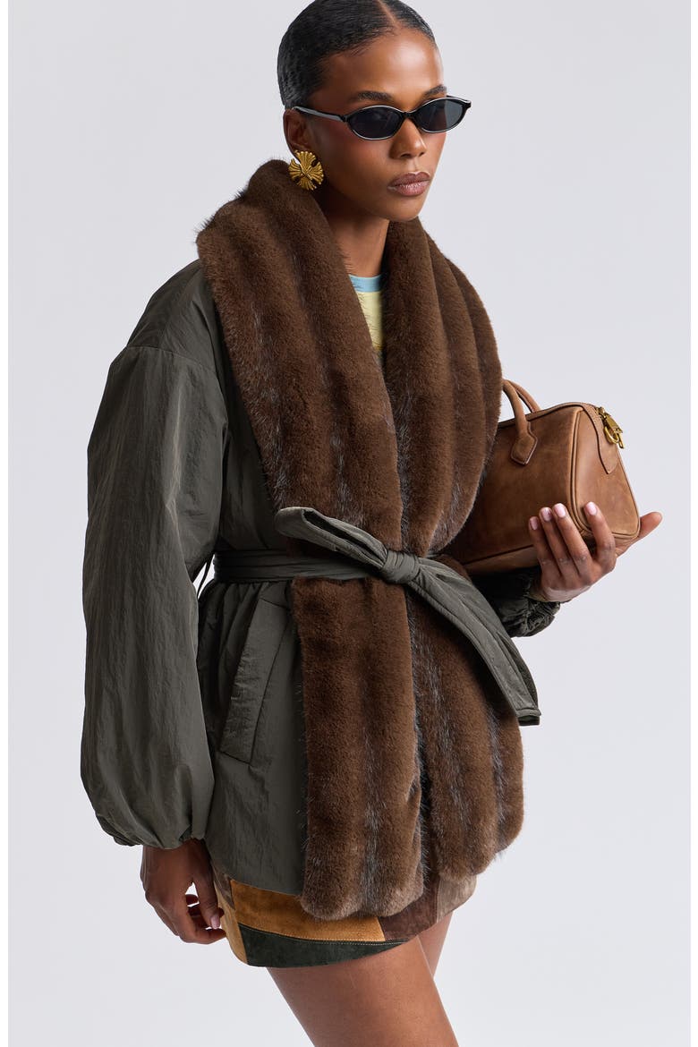 Balloon Belted Puffer Coat with Faux Fur Trim, Alternate, color, DARK FOREST/ MINK