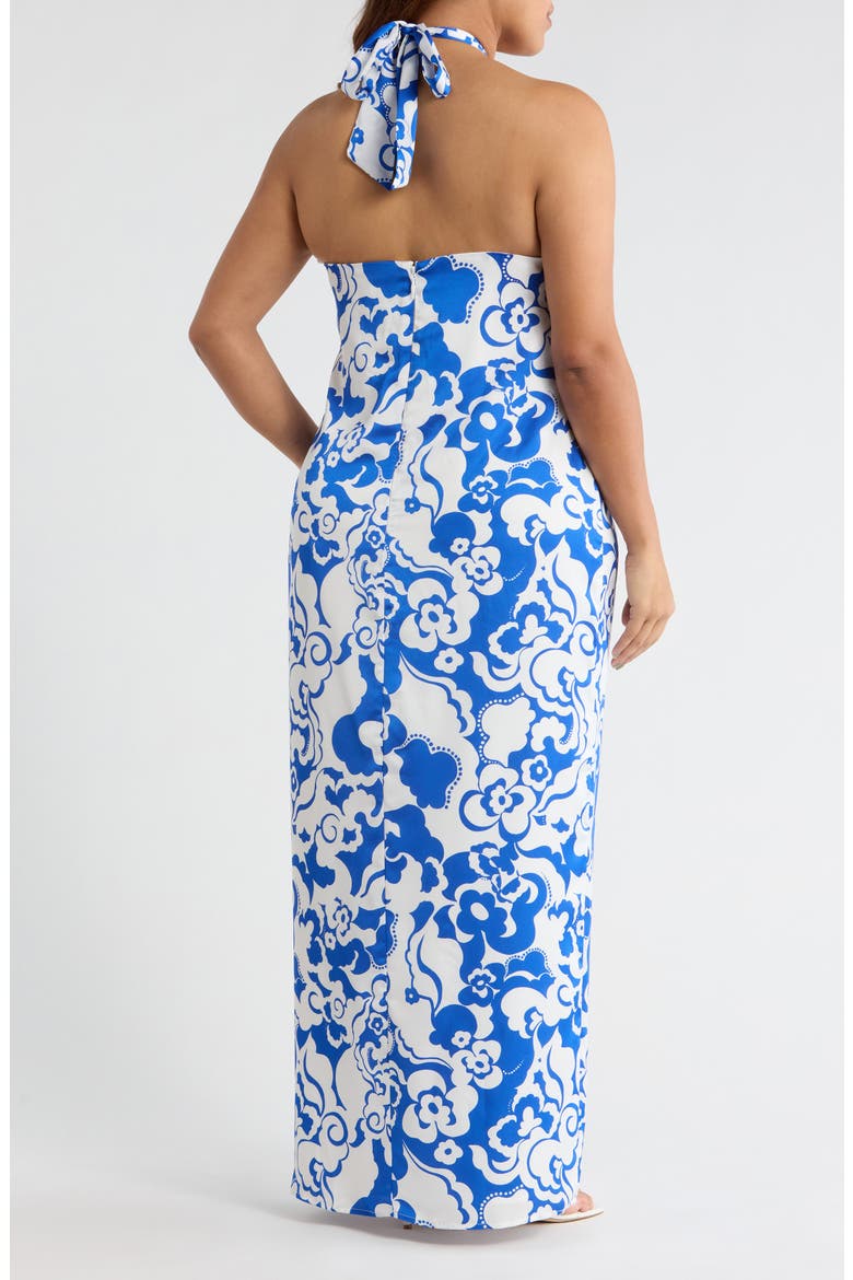 Helsinki Floral Tilda Satin Halter Maxi Dress, Alternate, color, WHITE-COBALT