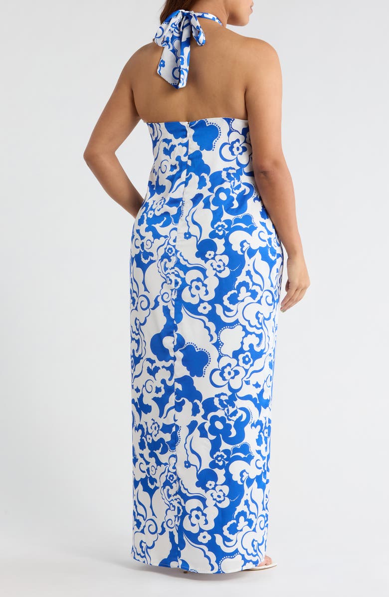 SUGARLIPS Helsinki Floral Tilda Satin Halter Maxi Dress, Alternate, color, White-Cobalt