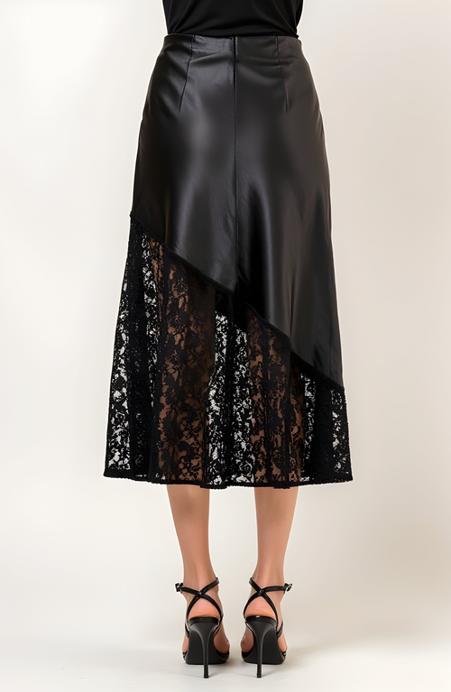 Modenaire Asymmetrical Satin Midi Skirt With Sheer Lace Hem And Fitted Waist In Black