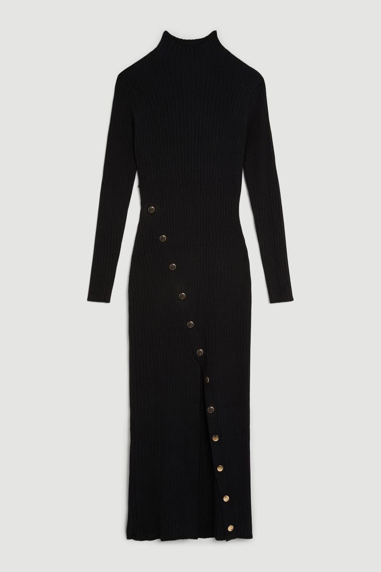 Viscose Popper Split Knit Midi Dress, Alternate, color, Black