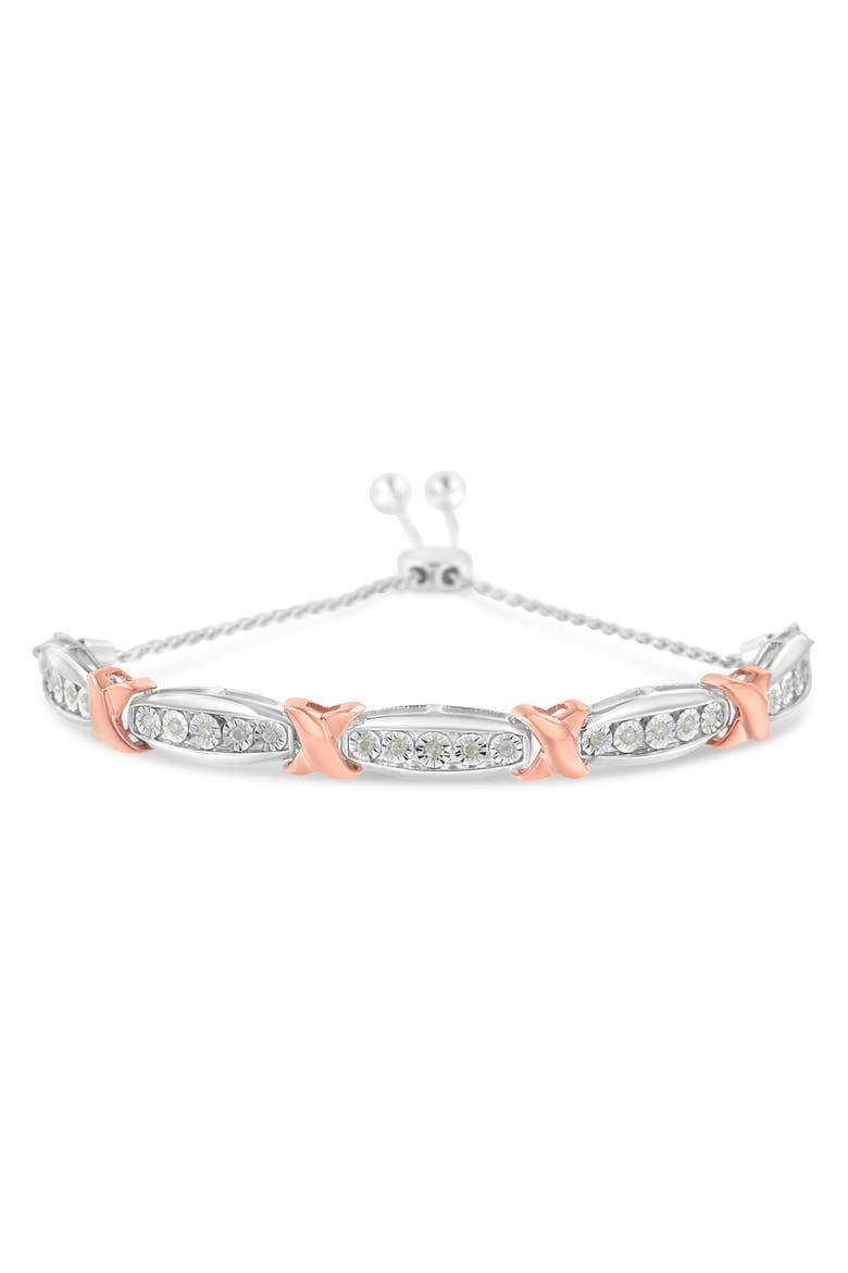Silver 1/4 Cttw Round-Cut Diamond X & Tapered Bar Miracle-Set Bolo Bracelet, Main, color, White