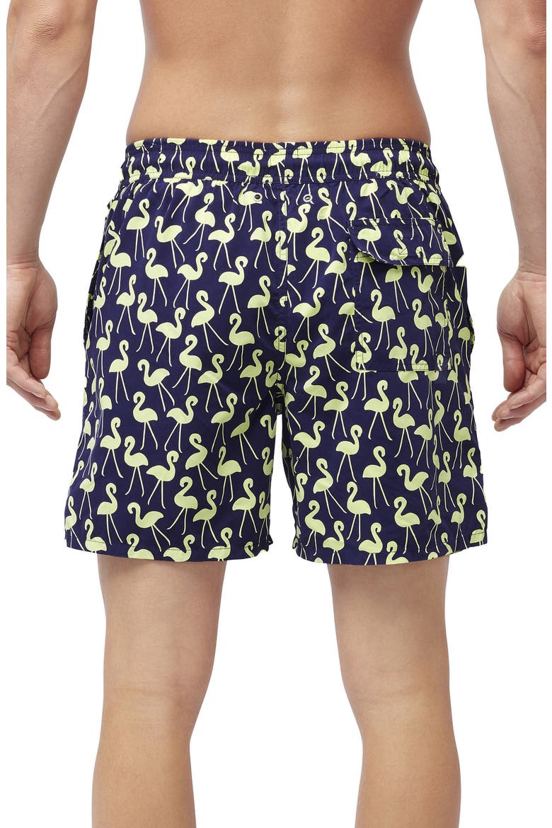 Flamingo Print Swim Trunks, Alternate, color, DARK BLUE AND YELLOW