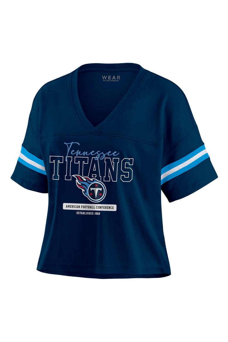 Women's WEAR by Erin Andrews Navy Tennessee Titans Color Block Boxy Modest Crop V-Neck T-Shirt, Alternate, color, Navy