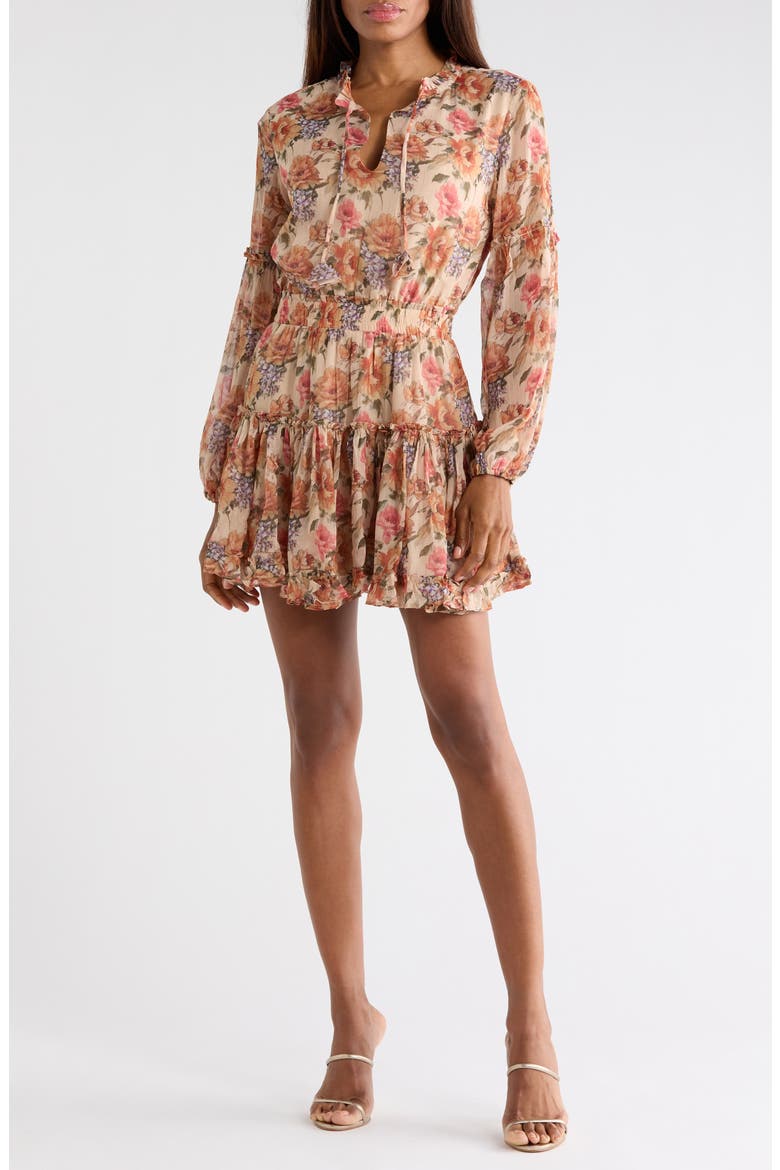 Zoe Long Sleeve Chiffon Minidress, Main, color, TAUPE/ ORANGE FLORAL
