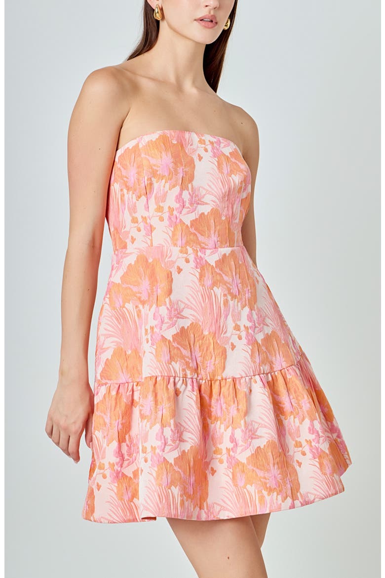 Floral Jacquard Strapless Minidress, Alternate, color, PINK/ ORANGE