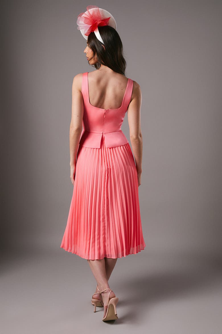 Peplum Cross Detail Pleated Midi Dress, Alternate, color, Coral