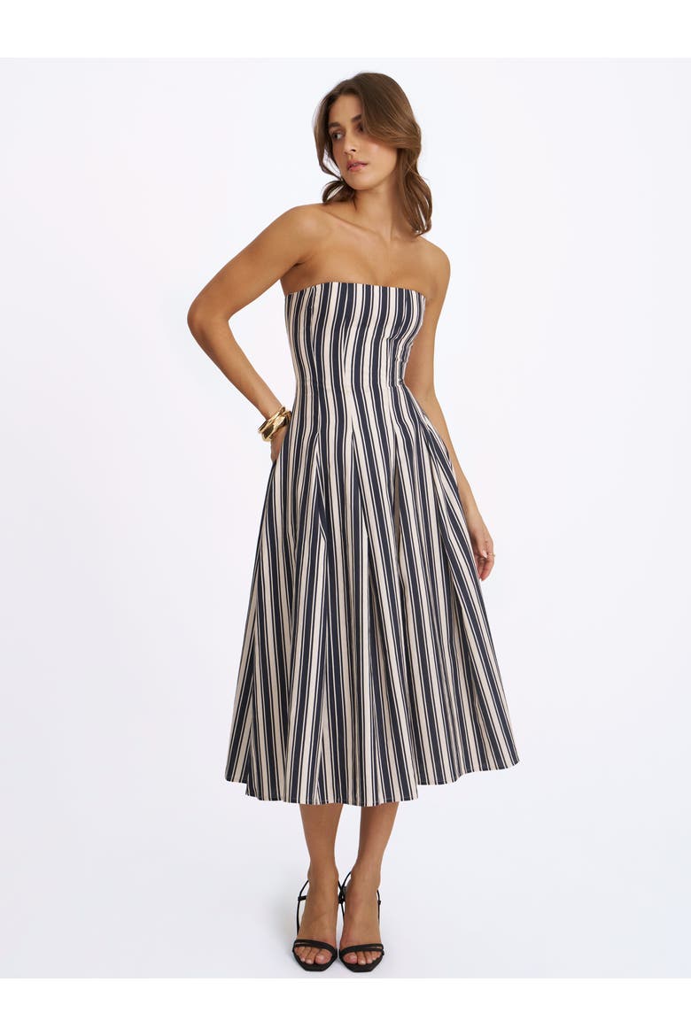 Wyanne Linen Striped Strapless Midi Dress, Alternate, color, Black & White