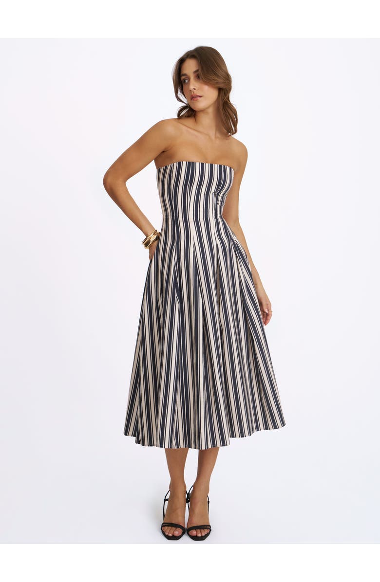 Miss Circle Wyanne Linen Striped Strapless Midi Dress, Alternate, color, Black & White