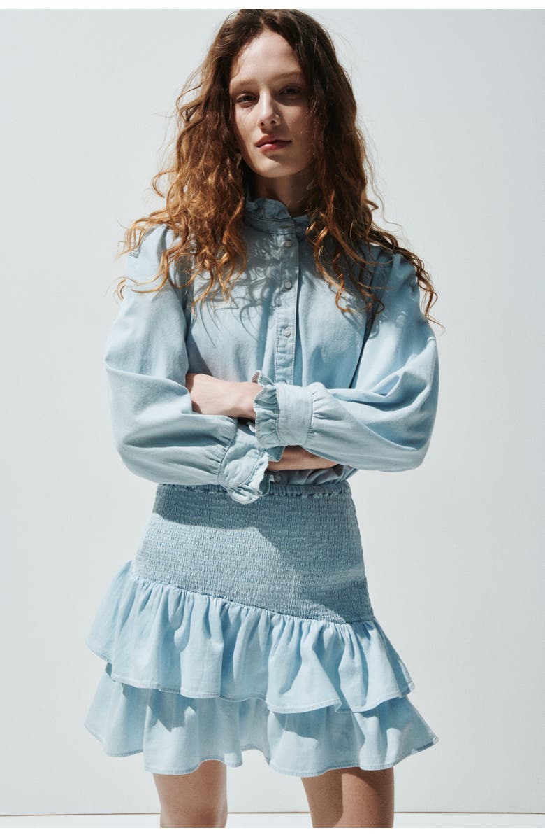 H&M Smocked Denim Skirt, Alternate, color, Light Blue