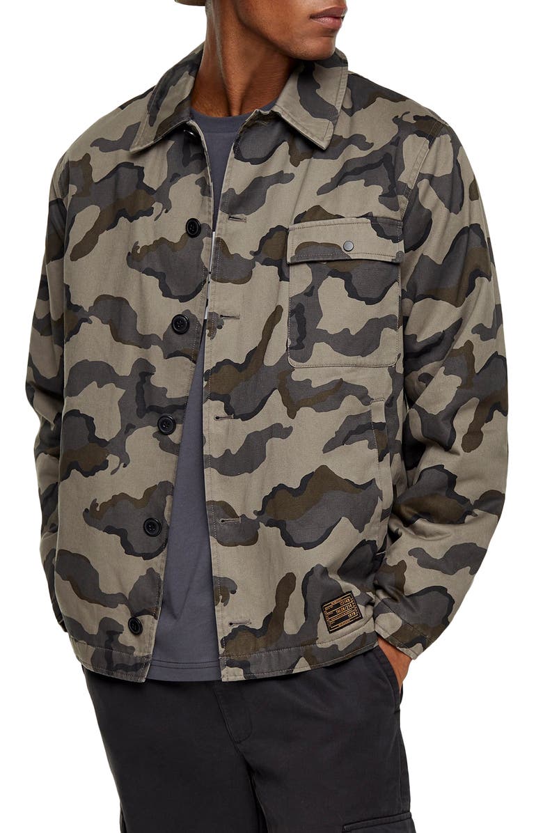 Topman Camouflage Classic Fit Deck Jacket, Main, color, 