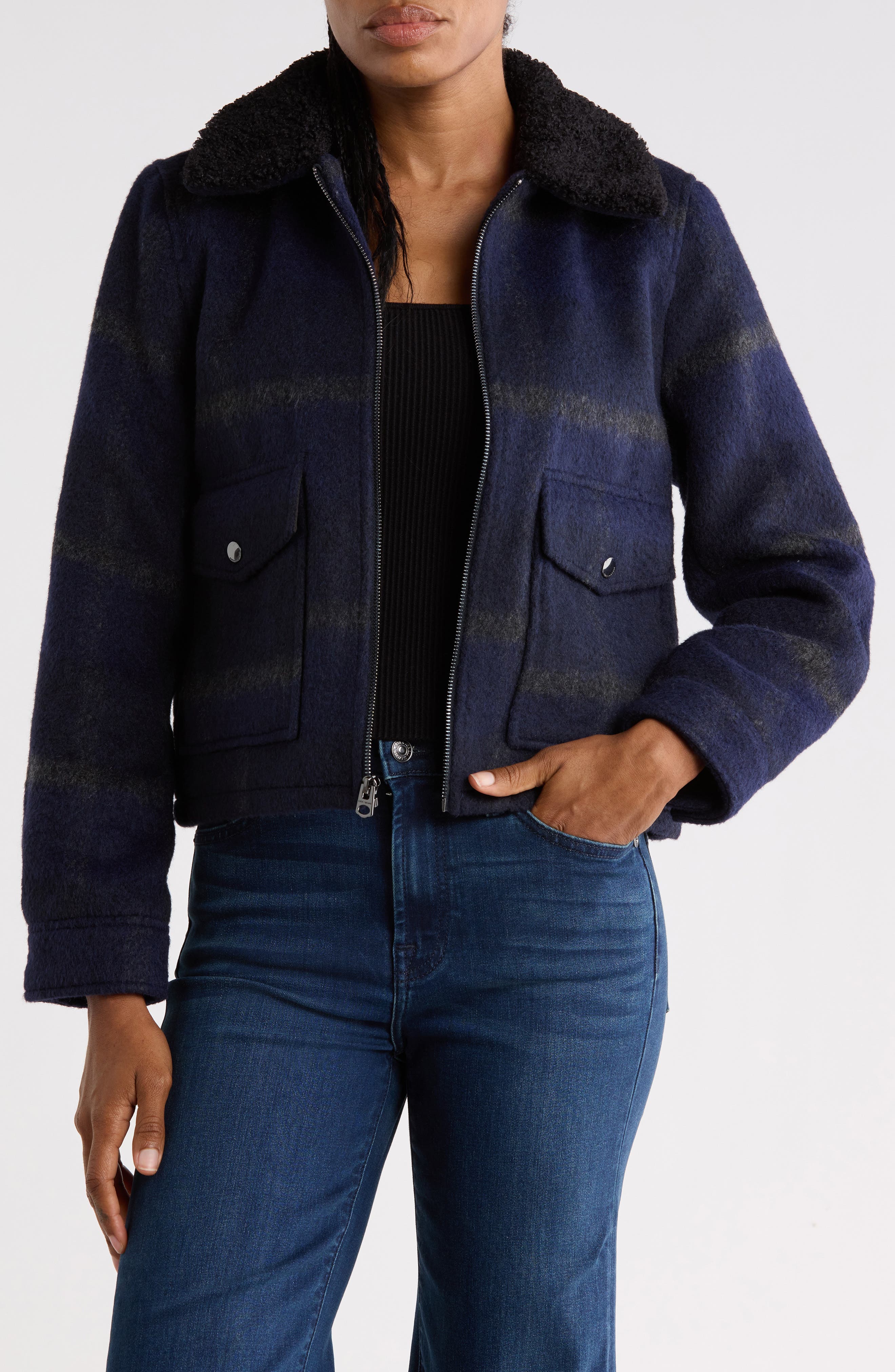 Plaid Faux Fur Crop Jacket
