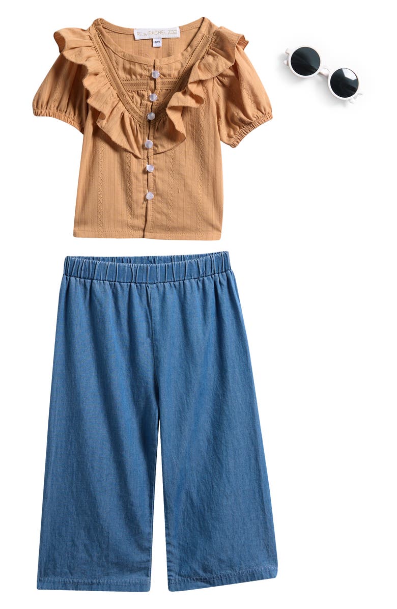 Rachel Zoe Kids' Ruffle Dobby Top, Chambray Pants & Sunglasses Set, Main, color, Open Beige