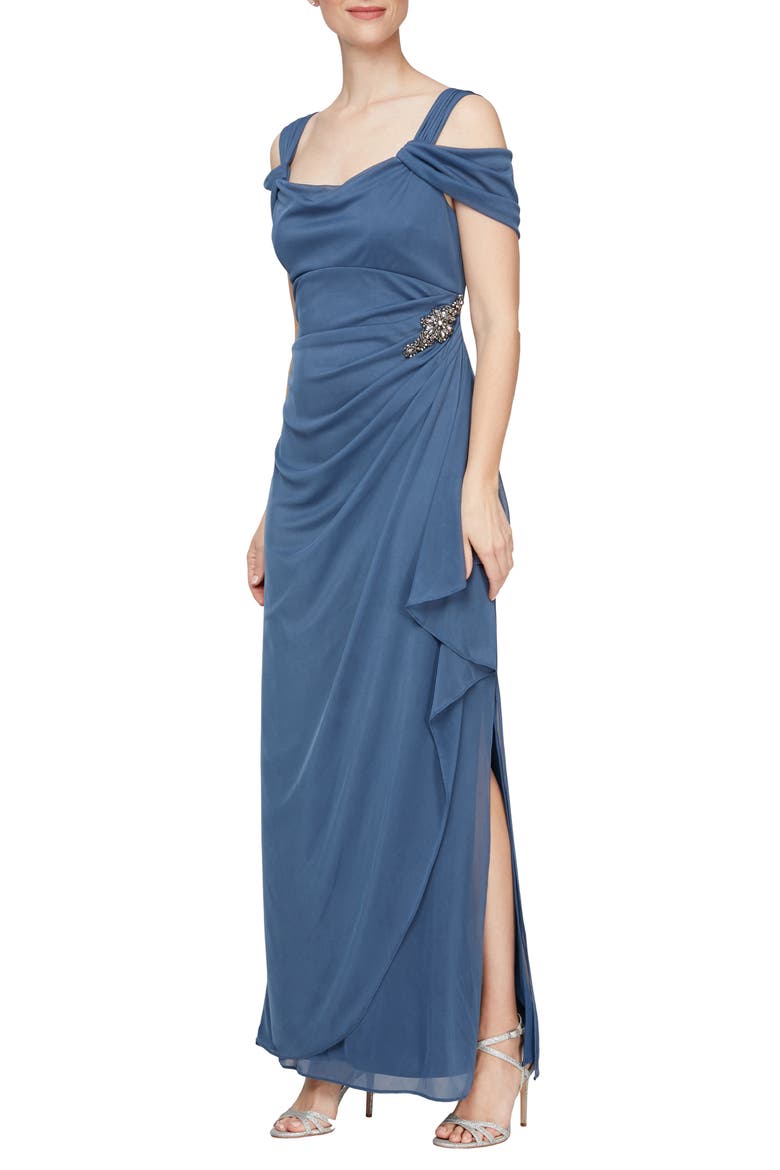Embellished Cold Shoulder Column Evening Gown, Main, color, WEDGEWOOD