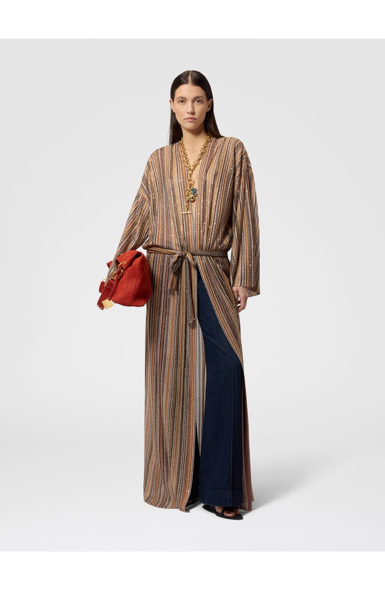 Missoni Ribbed Viscose Lamé Long Cardigan With Belt, Alternate, color, Green& Brown