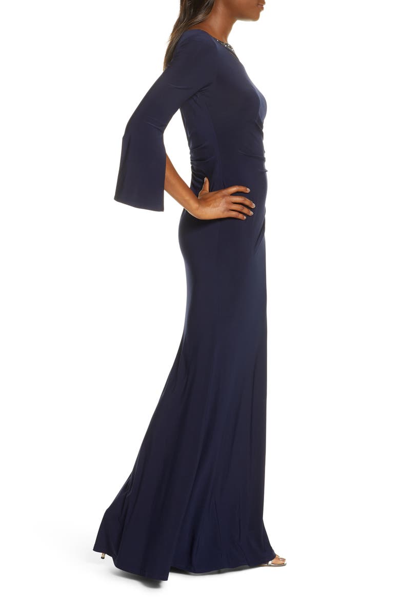 Split Long Sleeve Trumpet Gown, Alternate, color, NAVY