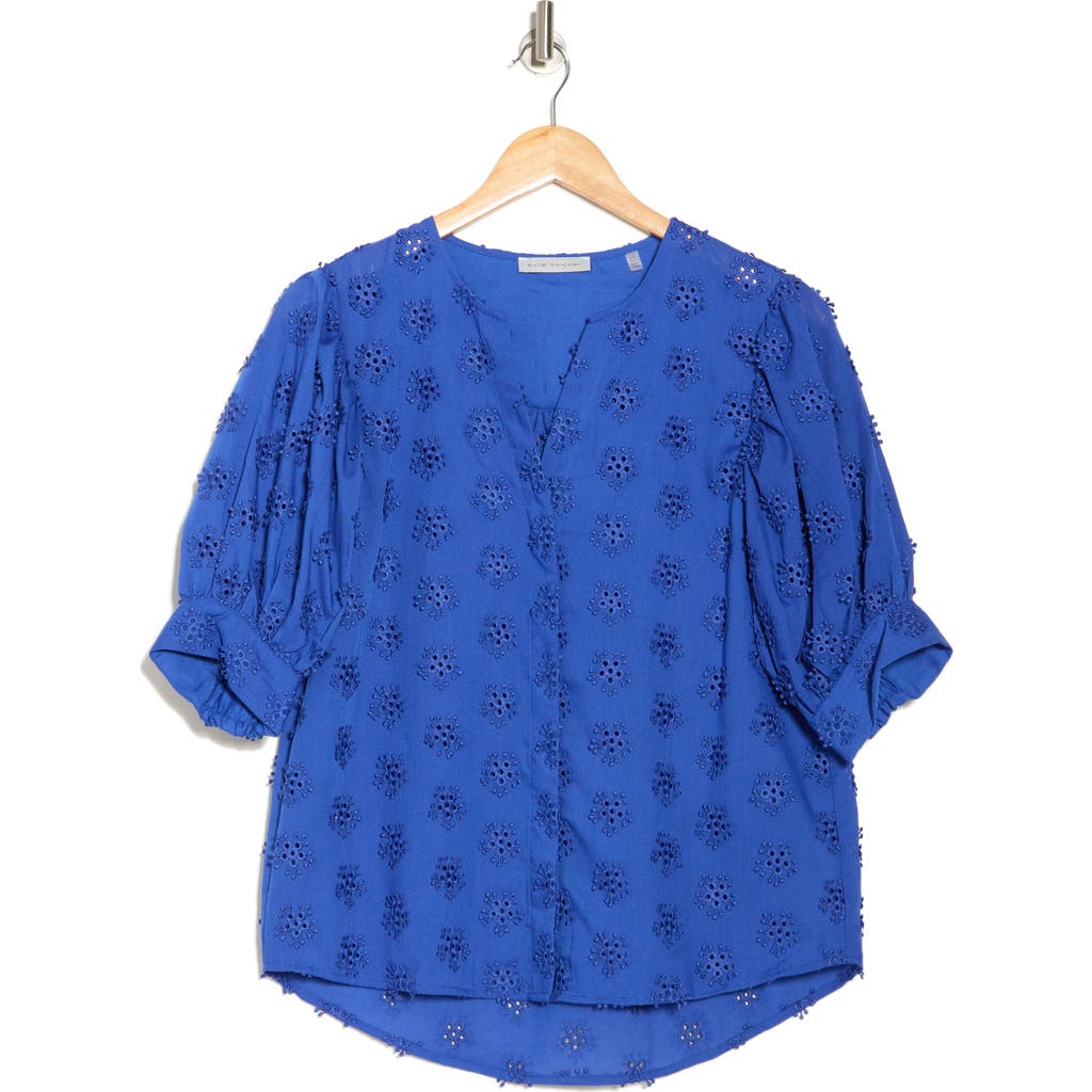 Elie Tahari The Marissa Eyelet Short Sleeve Button-up Top In Blue
