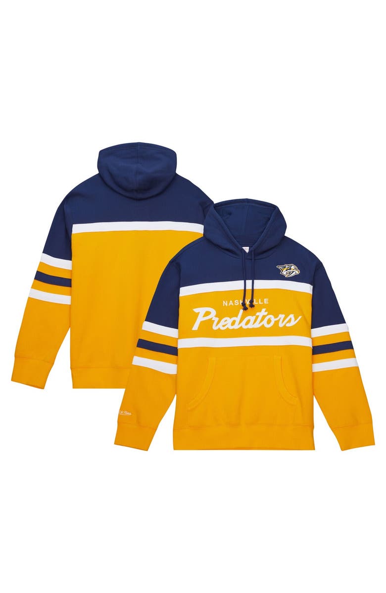 Mitchell & Ness Men's Mitchell & Ness Gold/Navy Nashville Predators Head Coach Pullover Hoodie, Main, color, 