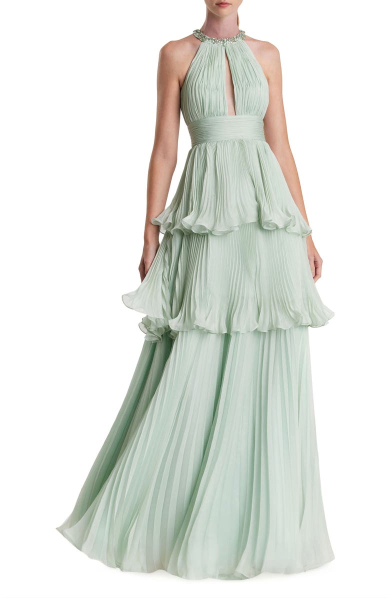 Mac Duggal Beaded High-Neck Chiffon Gown with Keyhole Cut-Out & Ruffle Tiered Skirt, Main, color, Mint