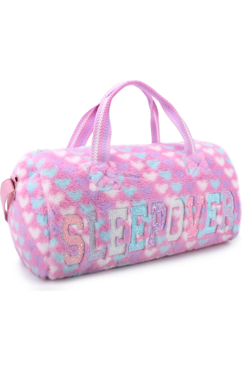 OMG Accessories Kids' Sleepover Heart Faux Fur Large Duffel Bag, Alternate, color, Bubble Gum