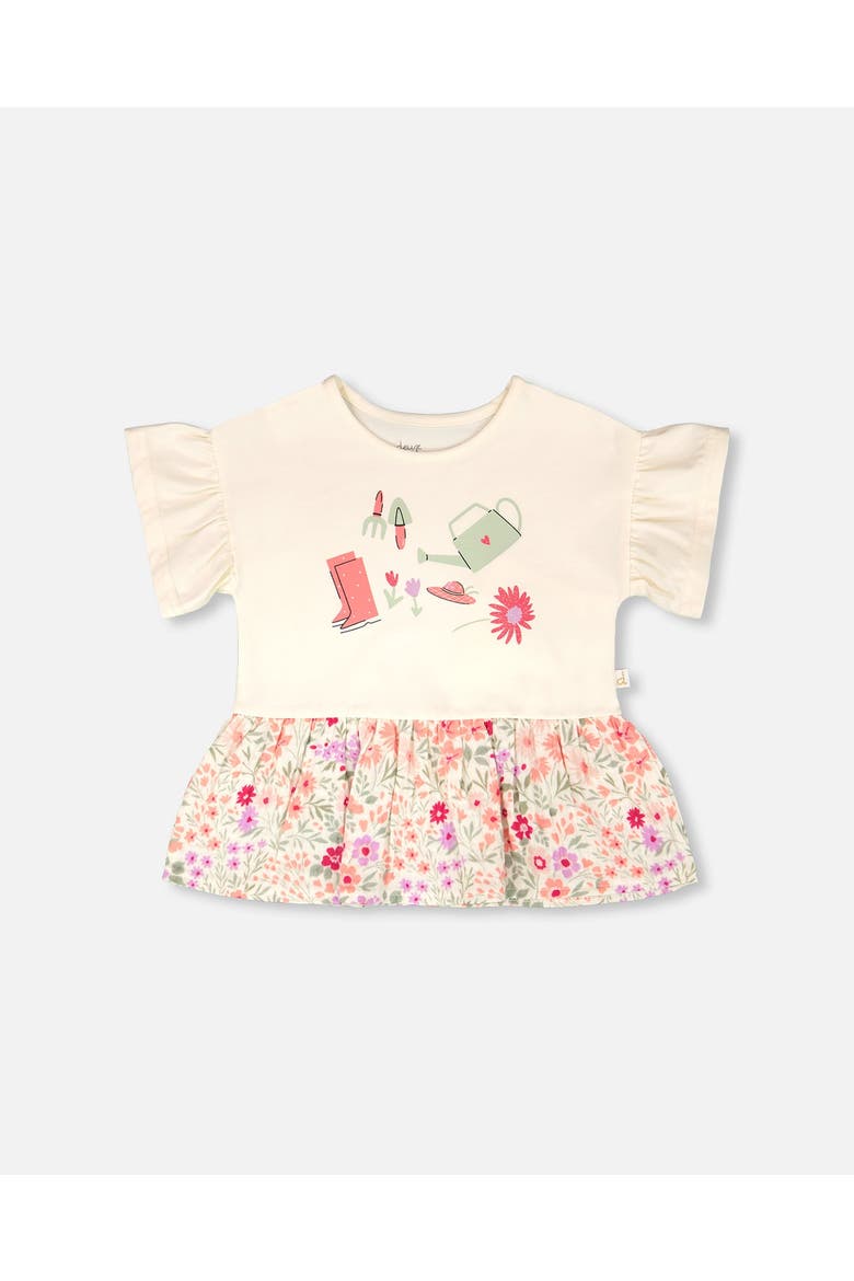 Organic Cotton Bi-Material Flutter Sleeves Flowers Tunic, Main, color, Beige Flowers Print