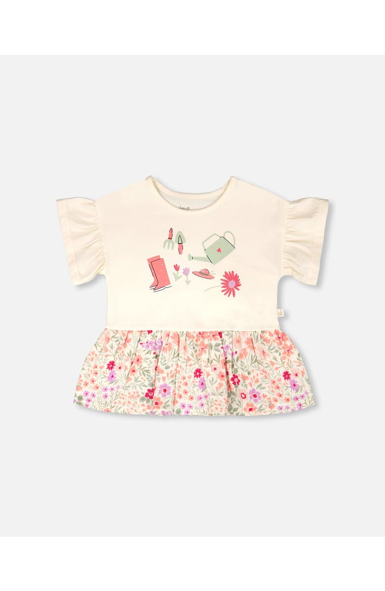 Deux par Deux Organic Cotton Bi-Material Flutter Sleeves Flowers Print Tunic, Main, color, Beige Flowers Print