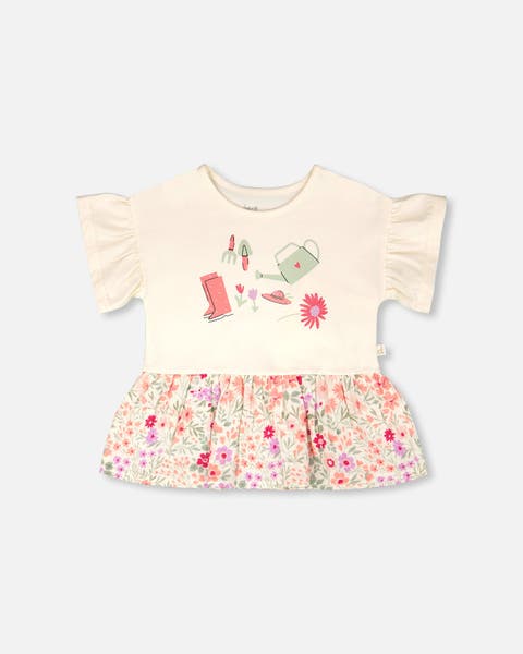 Organic Cotton Bi-Material Flutter Sleeves Flowers Print Tunic (Baby)