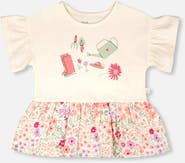 Deux par Deux Organic Cotton Bi-Material Flutter Sleeves Flowers Tunic