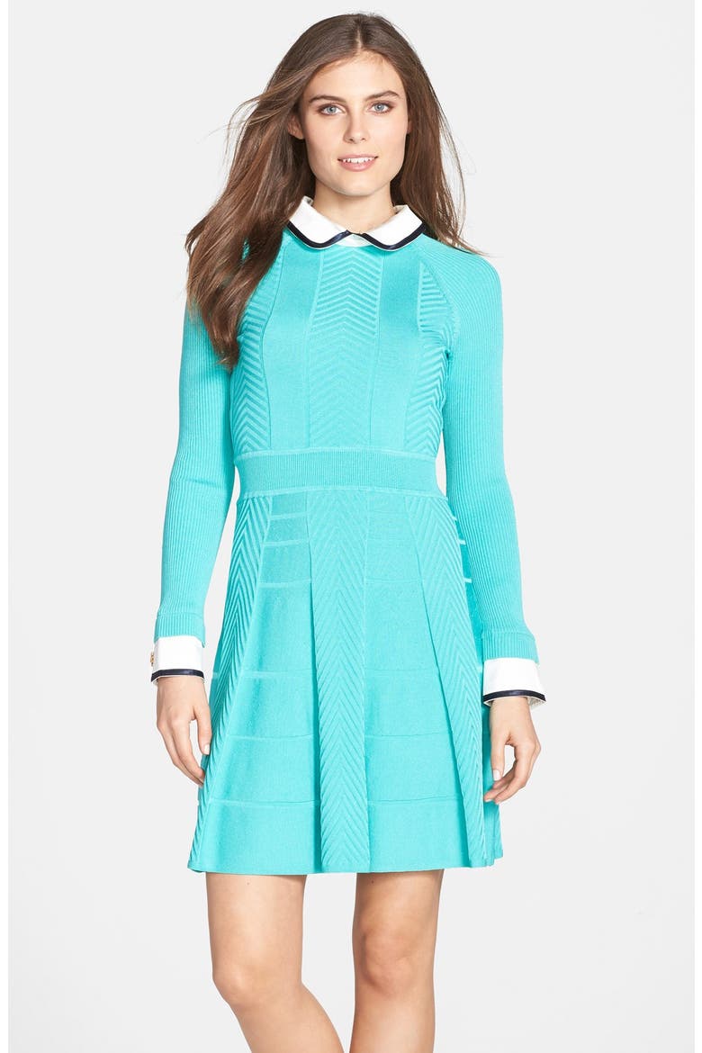 'Nola' Textured Knit Fit & Flare Shirtdress, Main, color, AQUA CRUSH