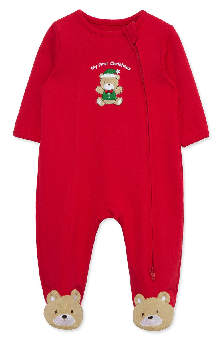 Little Me Holiday Bear Cotton Footie, Main, color, Red