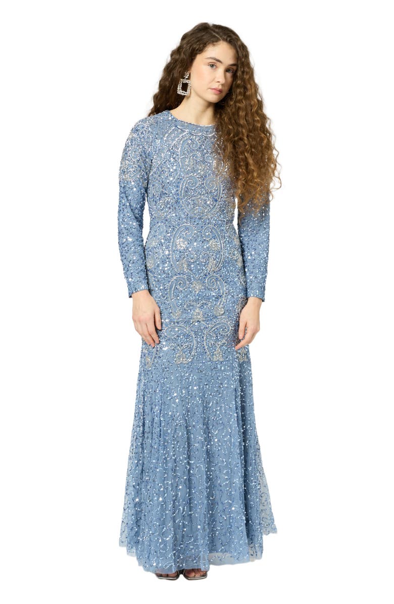 MARYISA Modest Embellished Sequin Beaded Maxi Occasional Dress, Main, color, Powder Blue