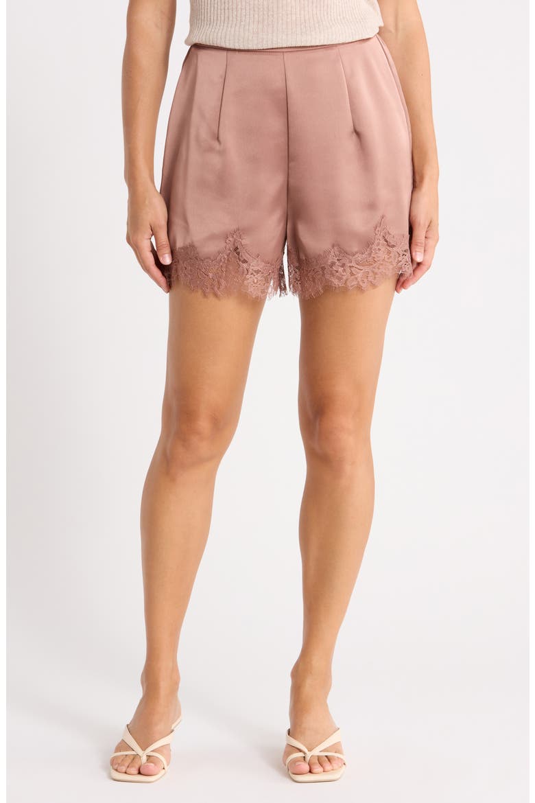 Lace Trim Satin Shorts, Main, color, DUNE