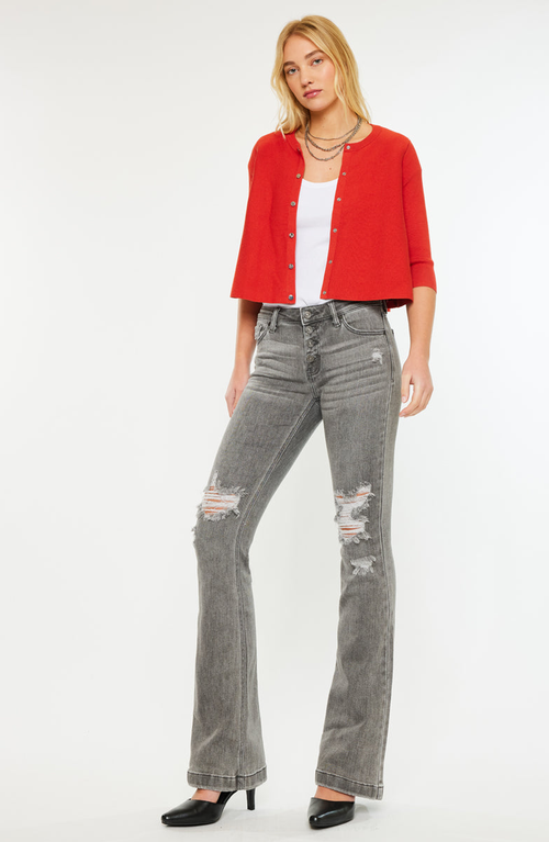 Kancan Harlo Mid Rise Raw Hem Flared Jeans In Gray