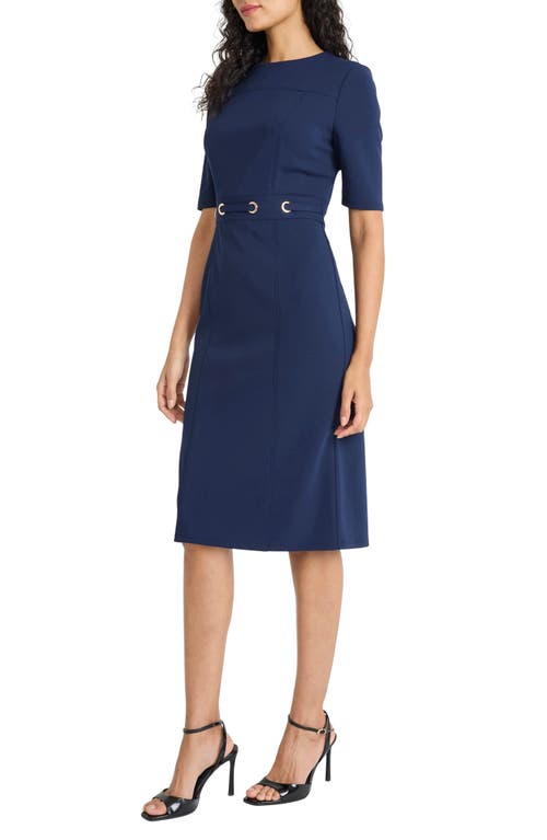 Maggy London Elbow Sleeve Grommet Waist Sheath Dress In Blue