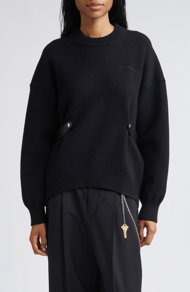 Alexander Wang Relaxed Wool Blend Sweater with Detachable Leather Tabs, Main, color, Black