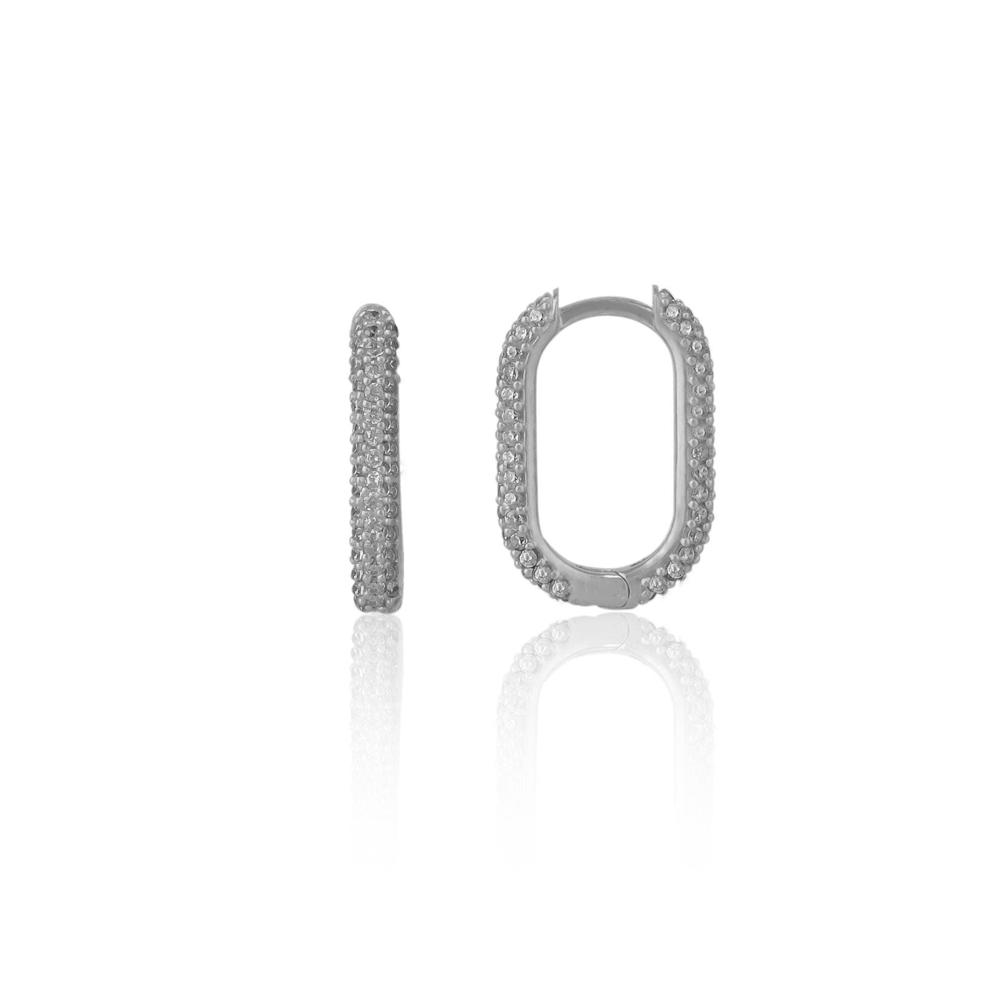 SPERO LONDON SPERO LONDON PAVE RECTANGULAR STERLING SILVER OVAL HOOP EARRING
