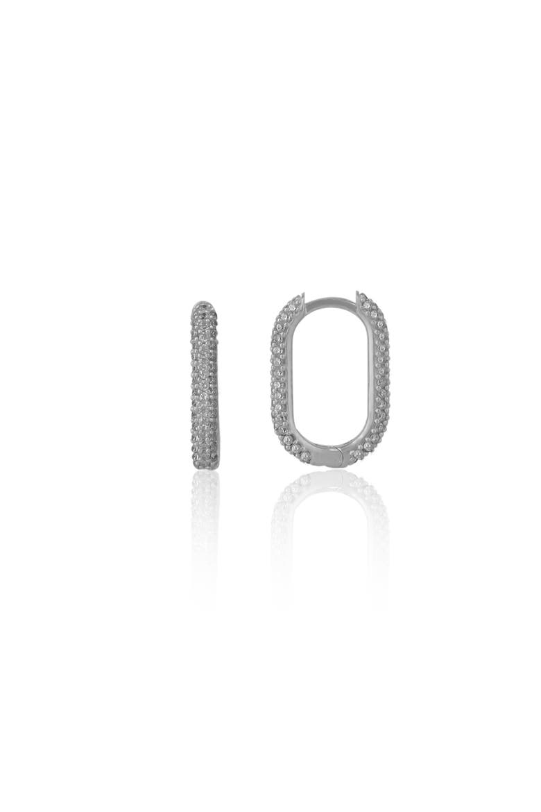 Pave Rectangular Sterling Silver Oval Hoop Earring, Main, color, Silver