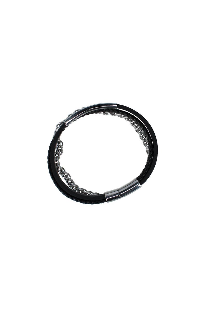 Trafalgar Zaid Metal and Leather Triple Strand Secure Clasp Bracelet, Alternate, color, Black With Silver Metal