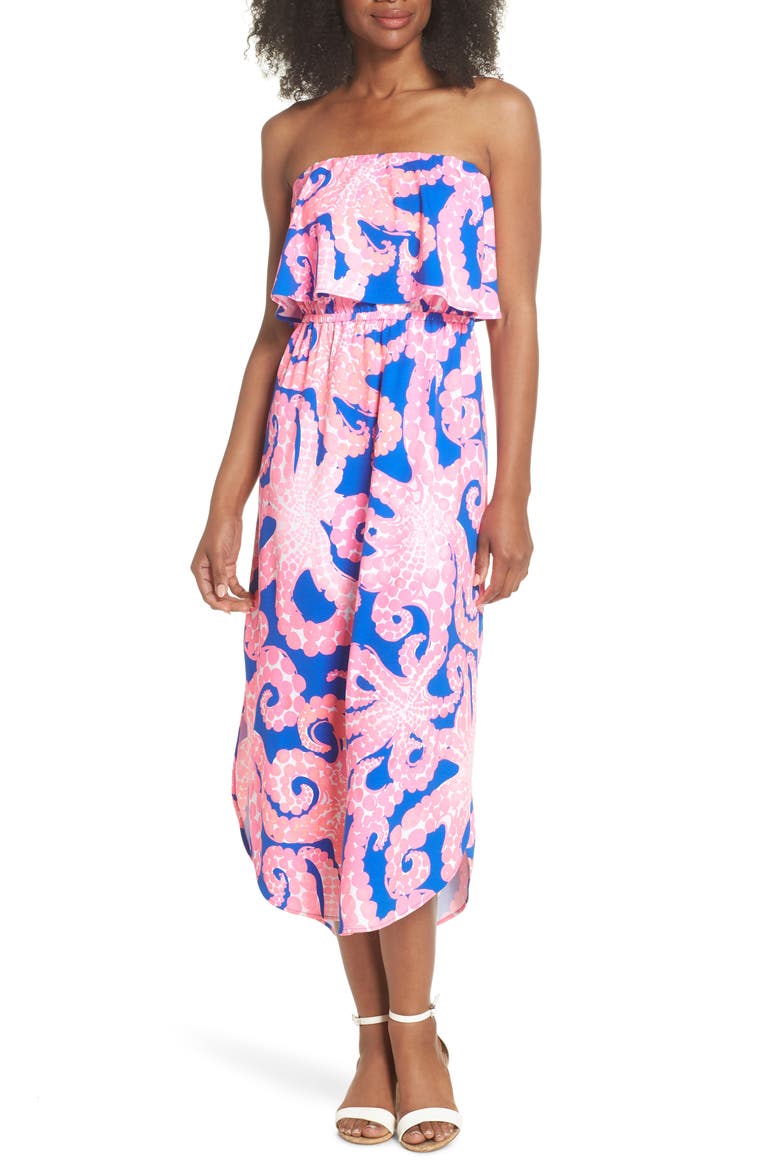 Meridian Strapless Midi Dress, Alternate, color, IKAT BLUE MOCEAN