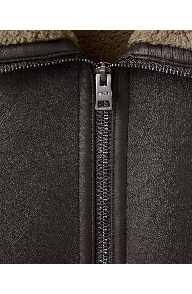 MANGO Fleece Lined Faux Leather Bomber Jacket, Alternate, color, Chocolate