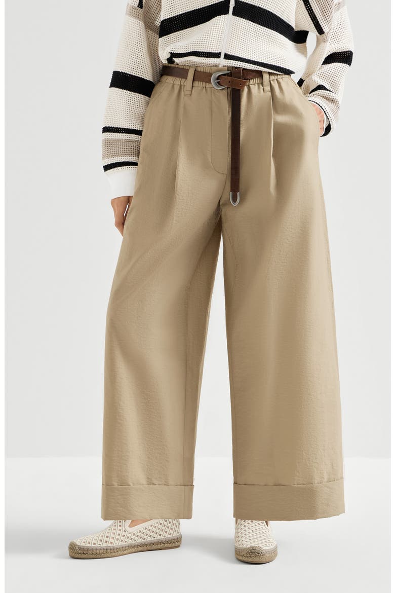 Techno cotton poplin boxy pleated trousers with monili, Main, color, Cappuccino