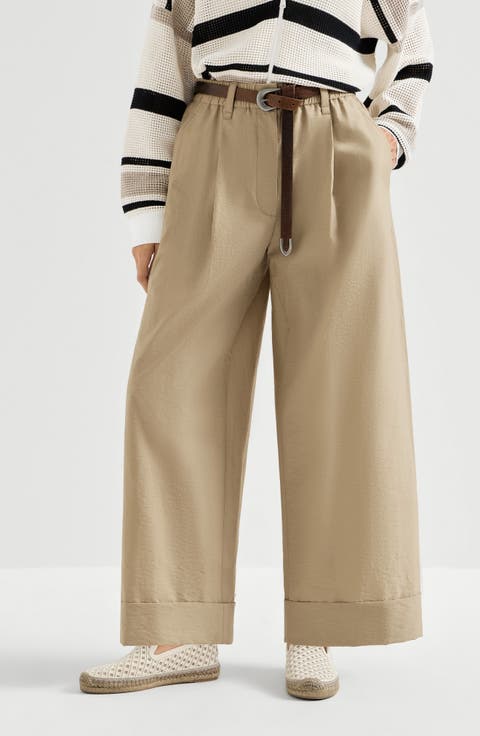 Techno cotton poplin boxy pleated trousers with monili