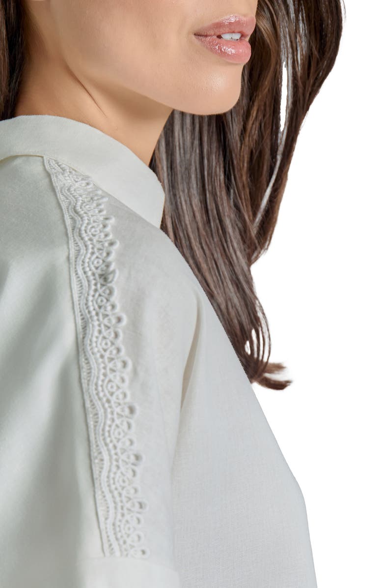 Jones New York Lace Appliqué Linen Blend Short Sleeve Button-Up Shirt, Alternate, color,