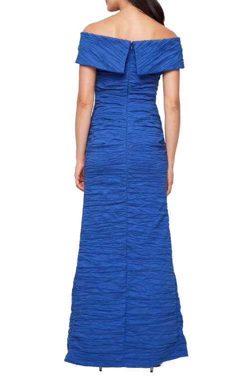 Alex Evenings Crinkle Off The Shoulder Stretch Taffeta Gown In Blue